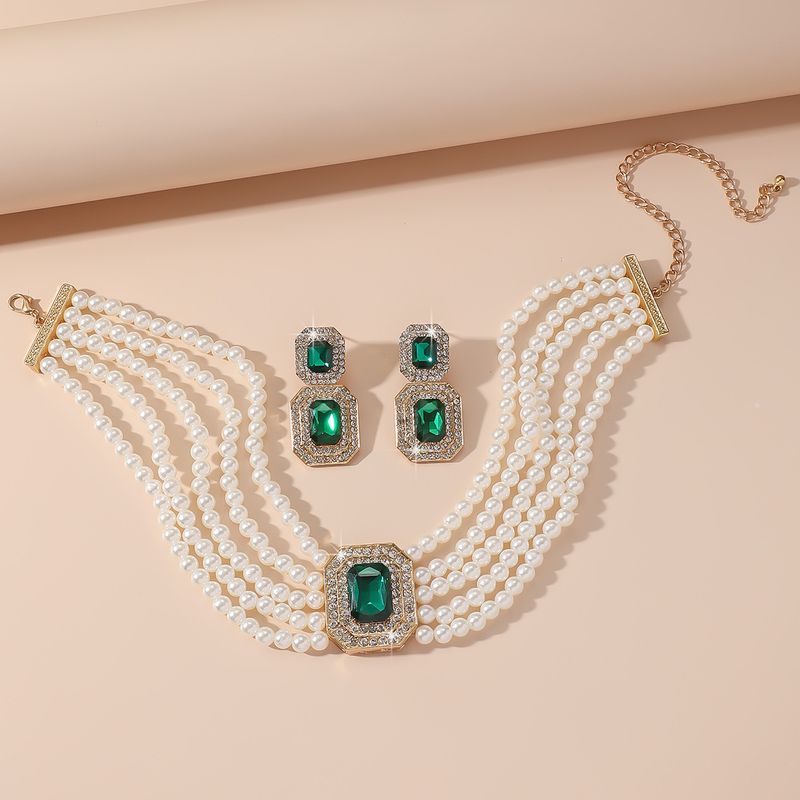 luxury multi layer pearl geometric rectangular crystal necklace earrings colorful necklace fashion exaggerated necklace_voghion.com