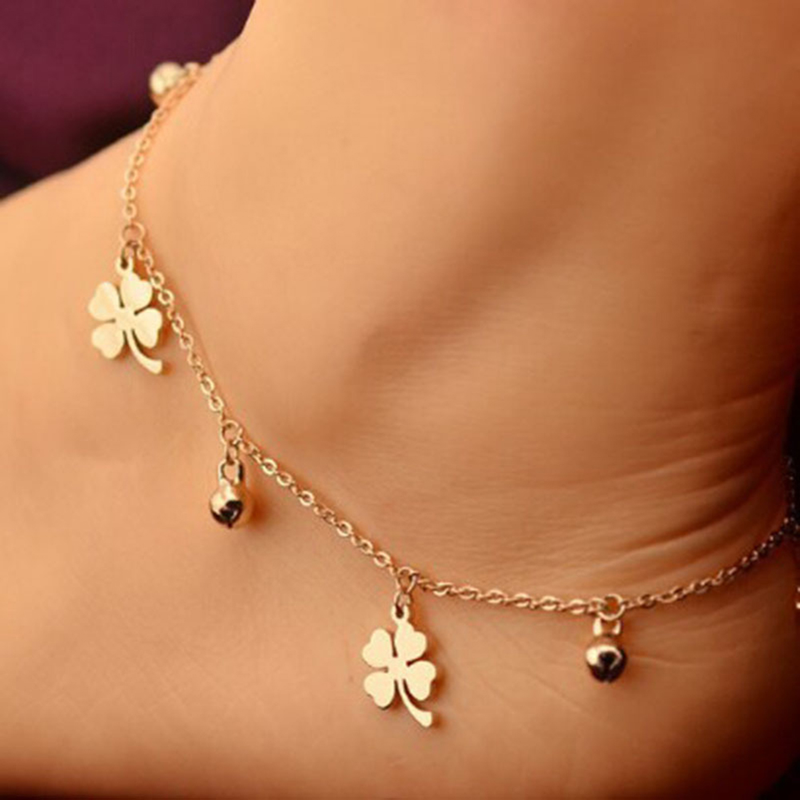 Shuosbai Lucky Clover Bells Charm Fußkettchen Fußkette Damen Sommer Sandale Knöchelarmband_voghion.com
