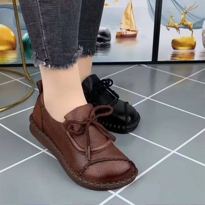 Casual lace up Le Fu mom single shoe 2023 Spring and Autumn season soft sponge cake thick soled small leather shoes_voghion.com