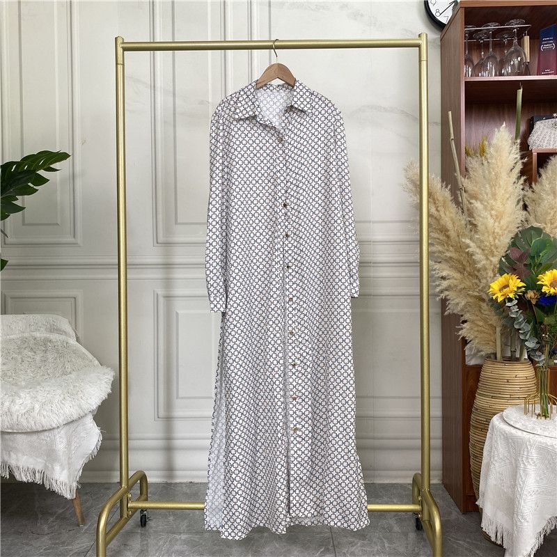 Conjunto de 2 piezas de cárdigan largo con botones de satén estampado a la moda y pantalones con bolsillo 6674_voghion.com