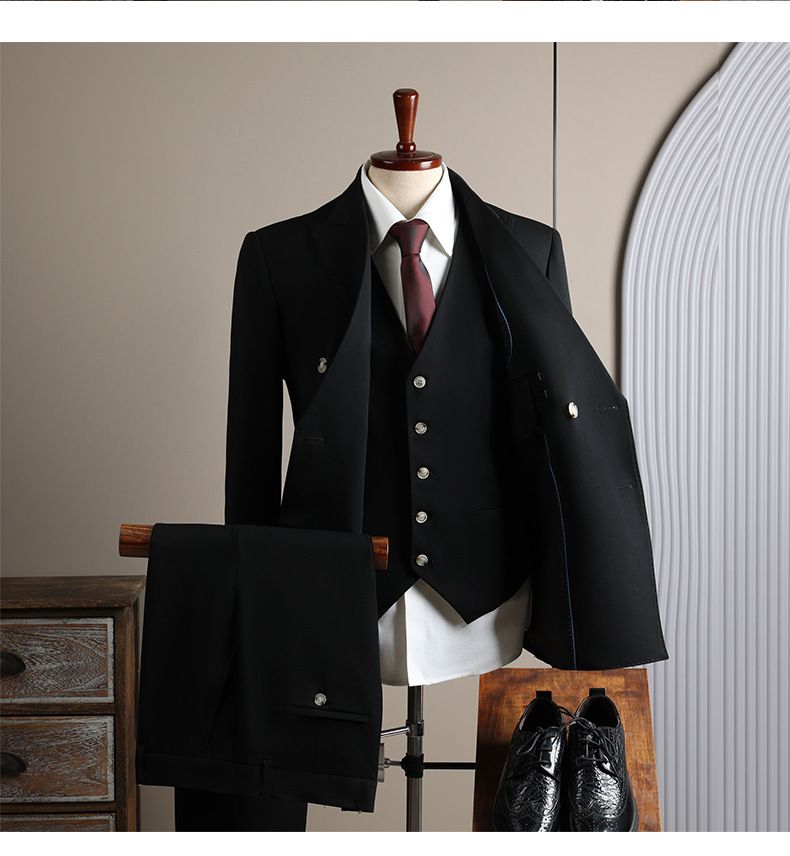 Men's Clothing Three Piece Groomsmen Double Breasted Suit Set 3-Piece Wedding Groom Tuxedo Formal Business Blazer & Pants Slim Fit Stretch Comfortable_voghion.com