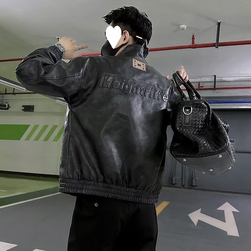 Suitable For All Seasons Maillard Embossed PU Leather Motorcycle Jacket For Men, Spring And Autumn Season, Trendy Stand Collar, Stylish Casual_voghion.com