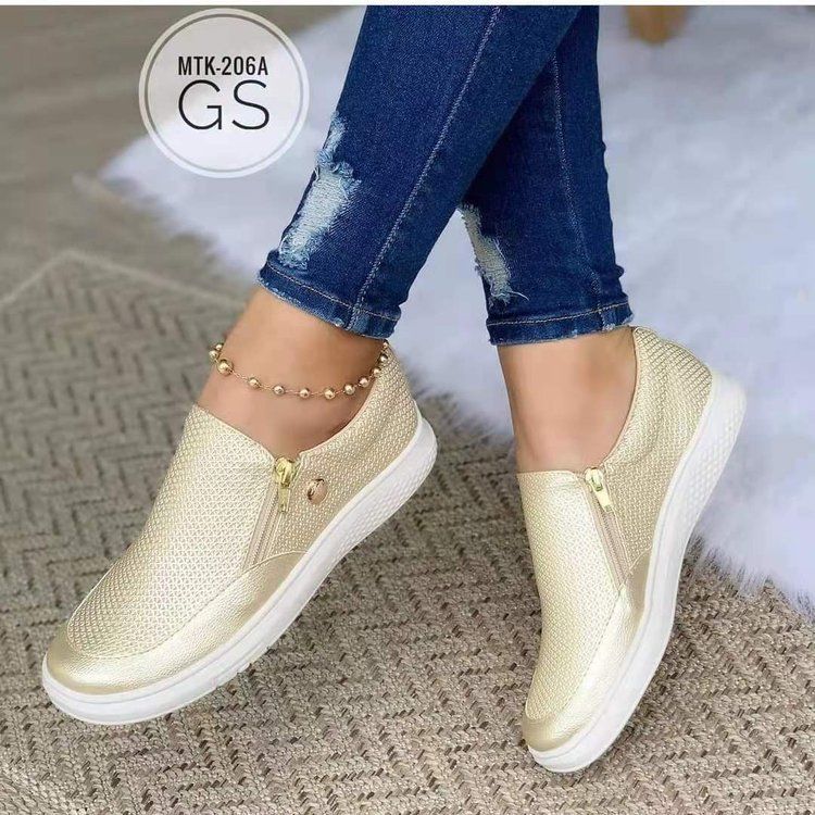 Scarpe basse singole con cerniera laterale e suola spessa a testa rotonda per le donne, scarpe da tavola con motivo a pressione di grandi dimensioni, colore solido_voghion.com
