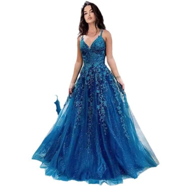 Dammekleeder Glitter Tüll Ballkleed Damme Spitzenapplikatioun Laangt Ballkleed mat Spaghettibänner A-Linn_voghion.com