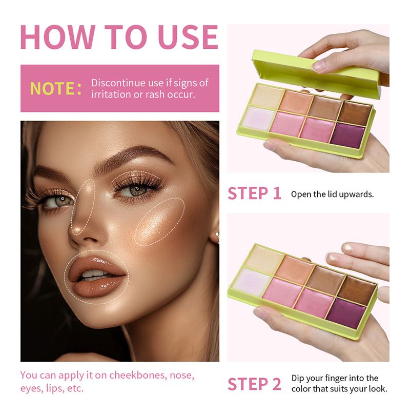 Lakerain 8-Color Cream Highlighter Palette - Face & Eye Highlighter, Contour & Blush, Buildable Shimmer, Travel-Friendly, Vegan & Cruelty-Free_voghion.com