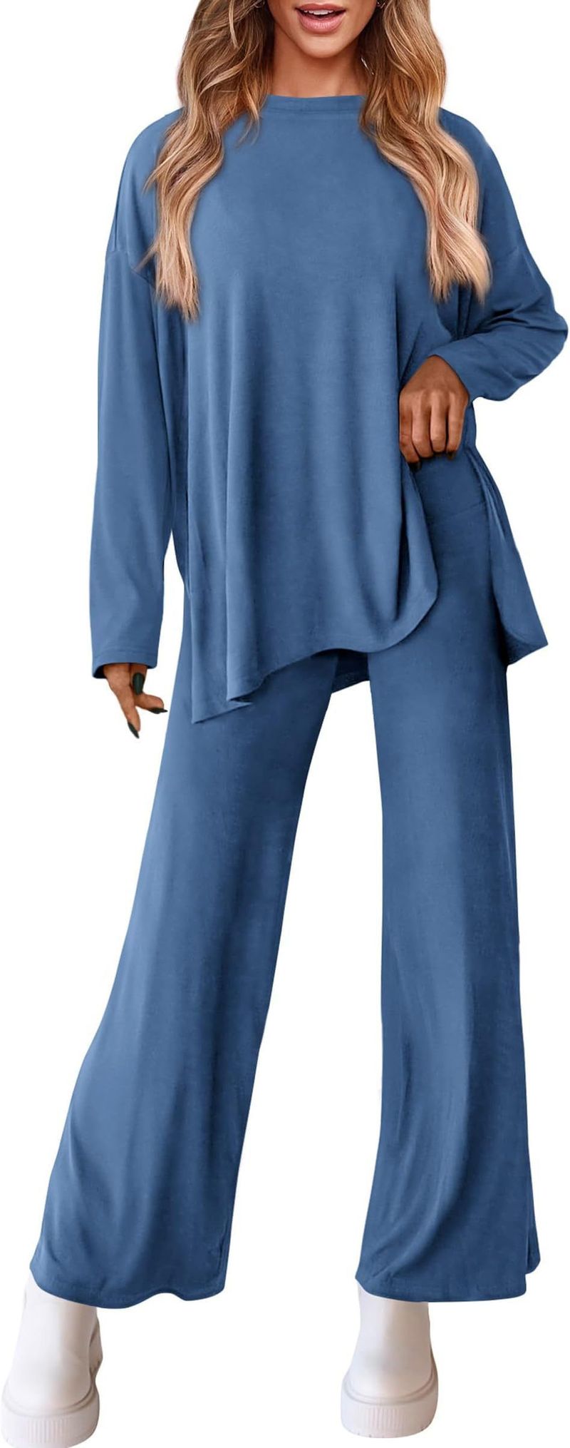 Women's Casual Lounge Set With Split Hem Pants & Long Sleeve Top – Soft Polyester Spandex Comfort Outfit In 12 Colors_voghion.com