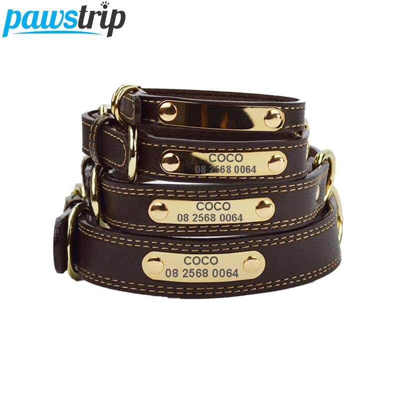 Collar de cuero grabado Pawstrip para bulldog francés y pitbull grande, collar de correa para cachorros de PawParty Store_voghion.com