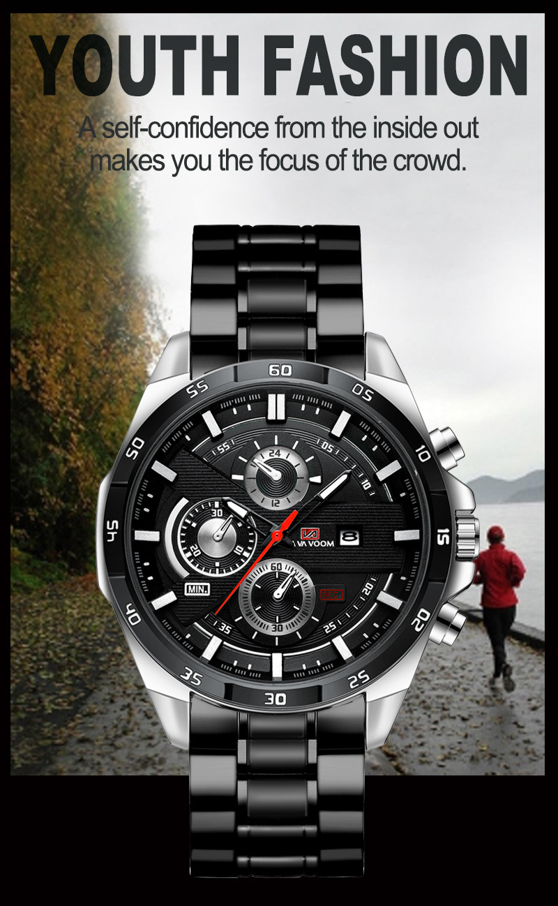 Men's Ryan Waterproof Stainless Steel Chain Quartz Watch Fashion Student Sports Business Casual Steel Band Watch_voghion.com
