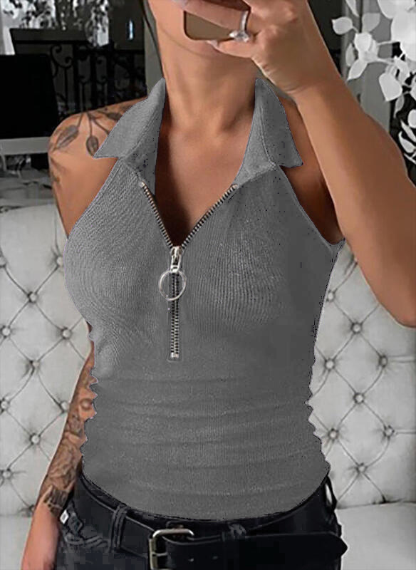 2024 neue Frühling Sommer Einfarbig Rippen Kragen Zipper Weste Mode Casual T-Shirt frauen Kleidung_voghion.com