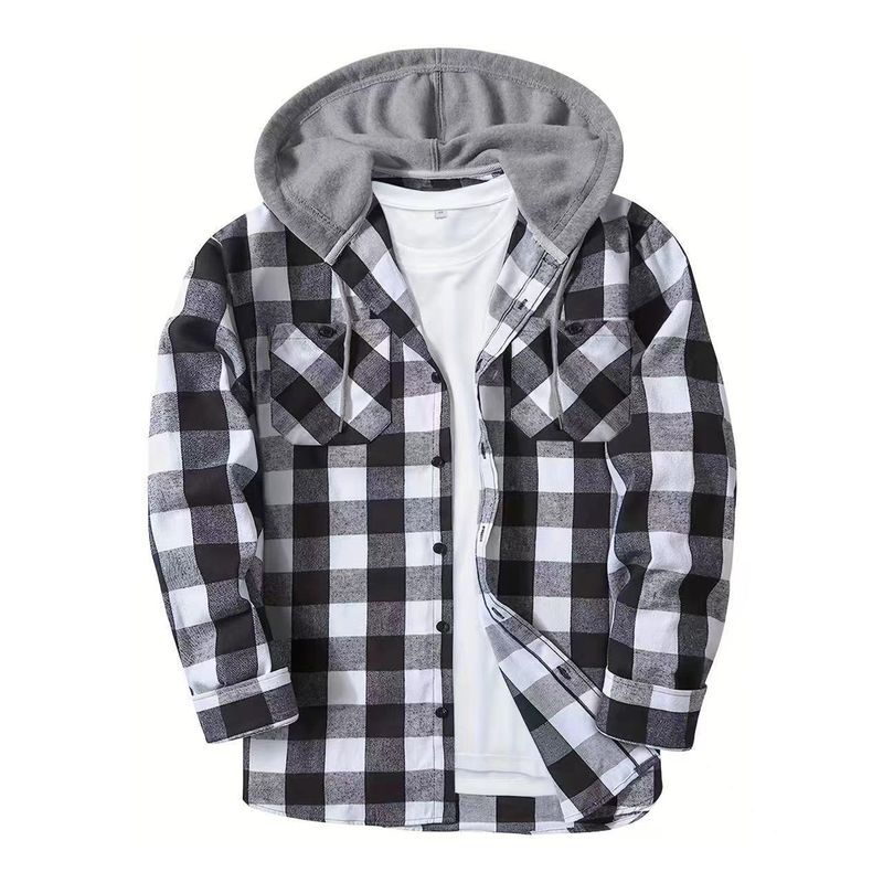 Unschlagbare Qualität, neues modisches Fleece-Karo-Hoodie-Shirt mit doppelter Taschenabdeckung für Herren_voghion.com