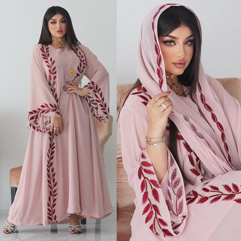 Damenmode Street Chiffon langes muslimisches besticktes rosafarbenes Rundhalskleid mit Hijab_voghion.com