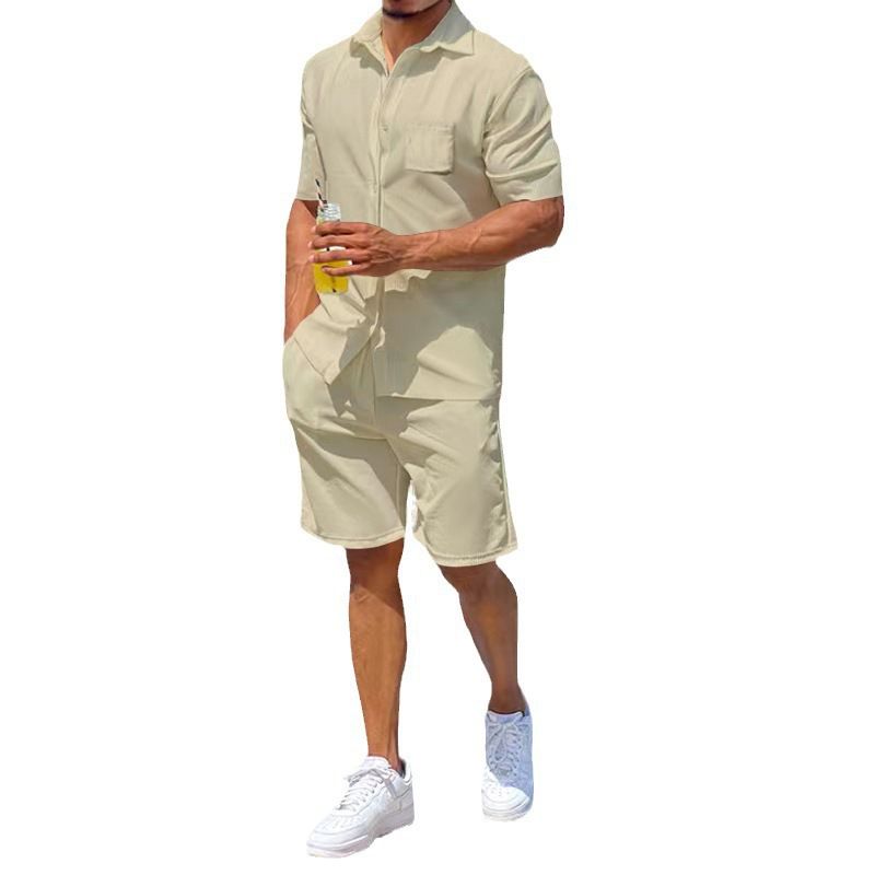 Pantaloncini estivi a maniche corte 2025, con colletto sottile ed elastico su quattro lati, larghi e tinta unita, per uomo_voghion.com