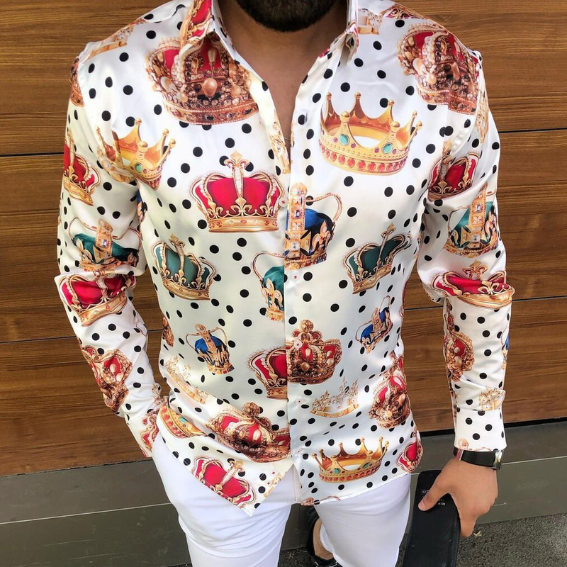 Chemises à manches longues pour hommes, décontractées, imprimées de couronne à pois, tendance, automne 2024_voghion.com