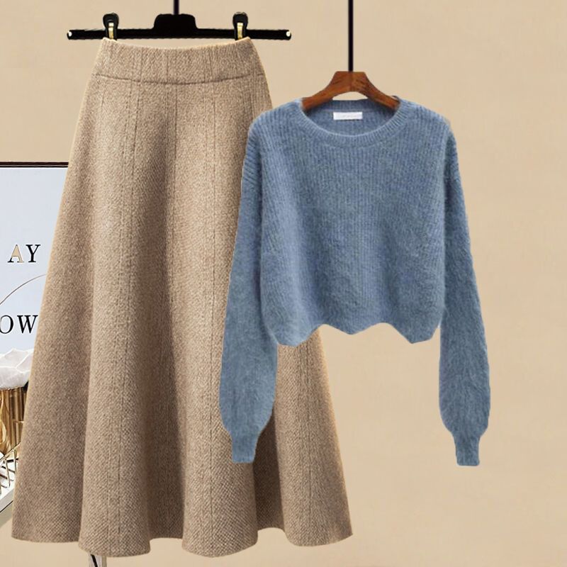 Ensemble d'hiver grande taille pour femme - Pull en maille douce et jupe trapèze flatteuse (deux pièces) (Plusieurs coloris disponibles)_voghion.com