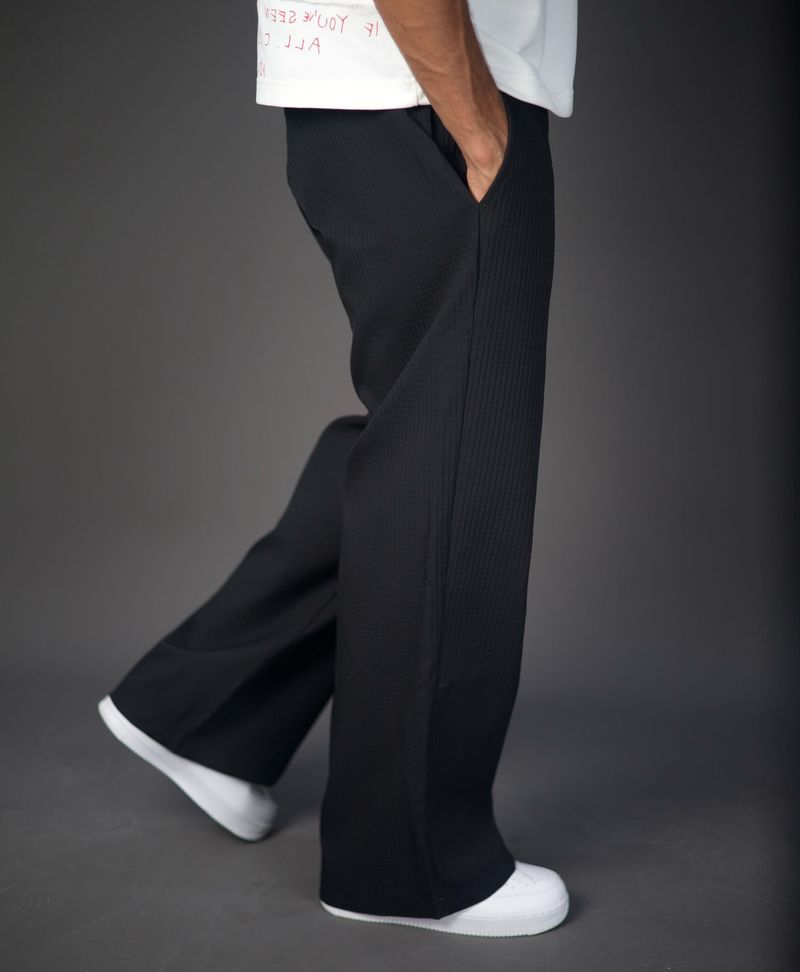 Calça casual masculina de malha waffle com letras bordadas - Calça de moletom com perna reta e mistura de algodão macio para conforto diário (preto, branco, P-3GG)_voghion.com