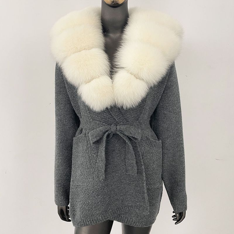 Women's Oversized Knit Cardigan With Real Fox Fur Collar – Mid-Length Cozy Sweater (Multiple Colors, One Size Fits All)_voghion.com