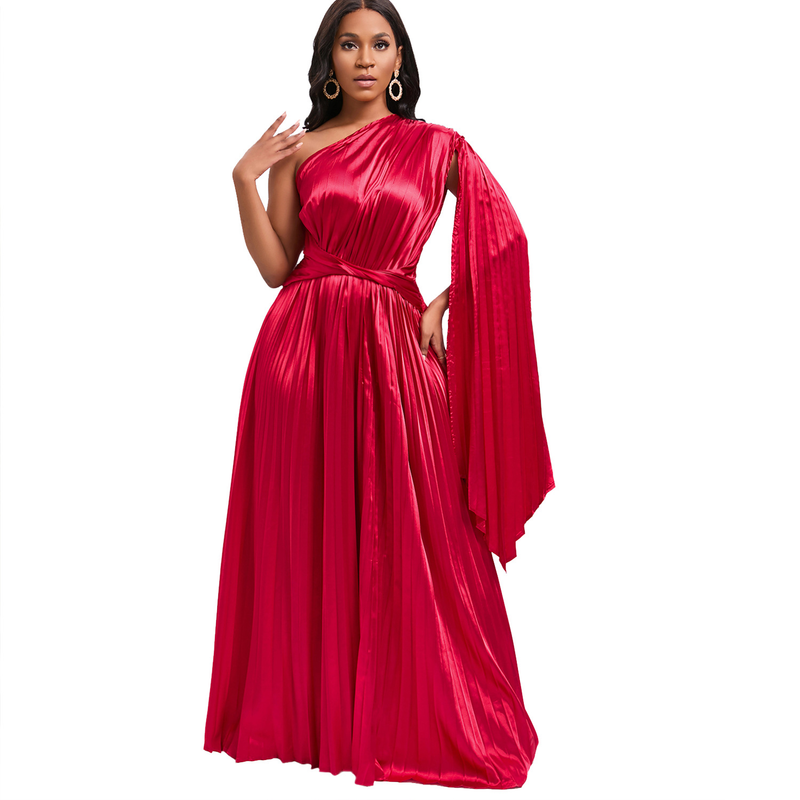 women's clothing new one-shoulder pleated long skirt oblique collar waist dress _voghion.com