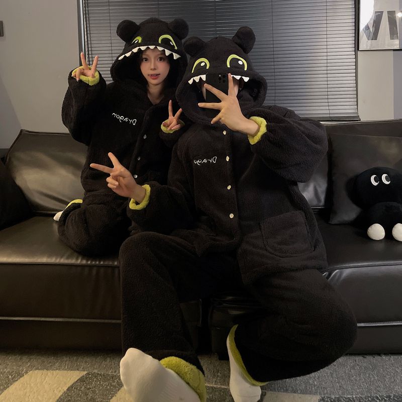 Toothless Couple Little Monster Long Winter Pajamas Cute Cartoon Plus Plush Thick Home Clothes Women's Set_voghion.com