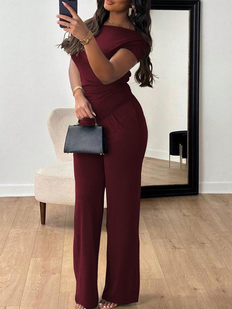 Minimalist Elegance Women's Short Sleeve Pants Set – Wrinkle-Resistant Knit, Polyester-Spandex Blend (S-XL, Burgundy/Black/Camel/Green, Summer)_voghion.com