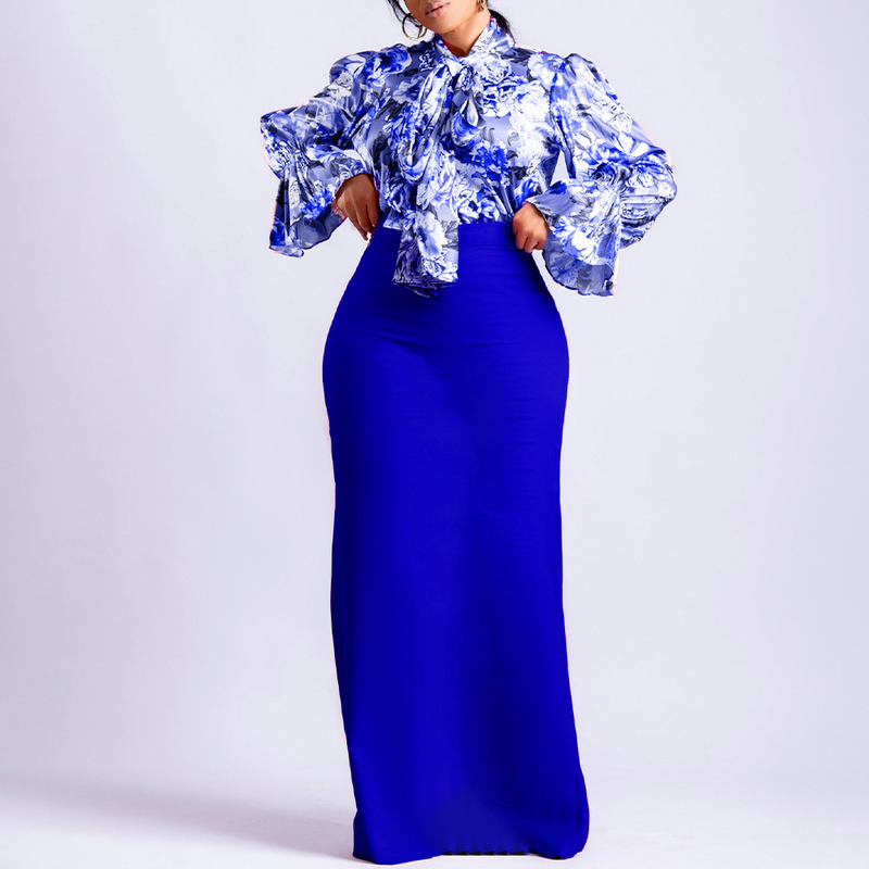Dameskleding Mode Bedrukt Strappy Shirt met Lange Mouwen Rok Lange Rok Tweedelige Set_voghion.com