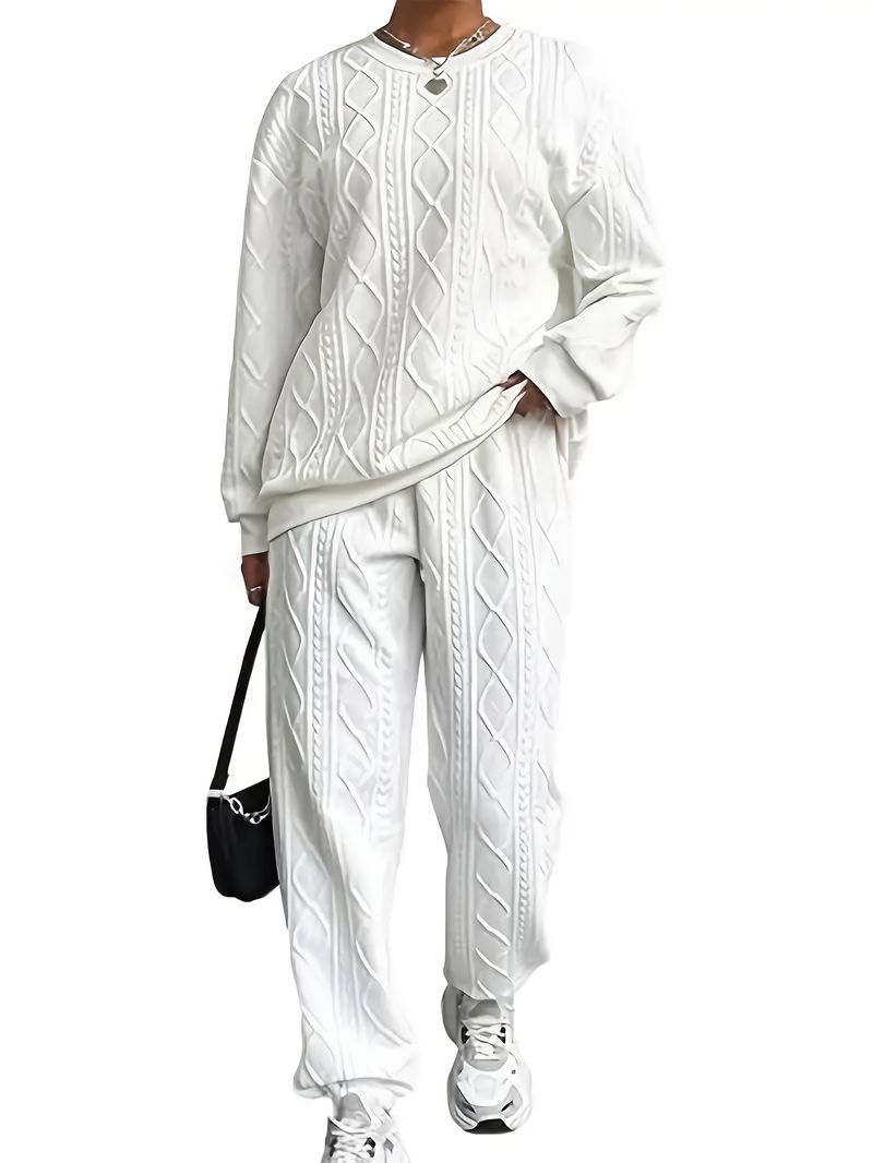 Strukturiert, um ein Gefühl entspannter Entspannung freizusetzen. Pullover-Sets, langärmlige Sportbekleidung mit Rundhalsausschnitt und Jogginghosen_voghion.com