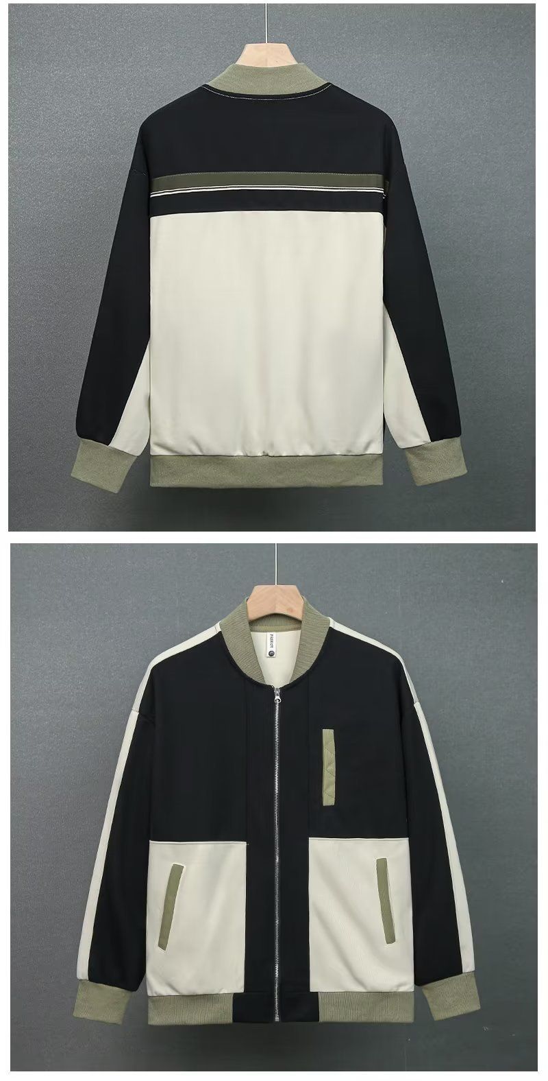 "Japanese-Inspired Men's Contrast Trim Zip-Up Jacket – Oversized Fit, Black/Grey/Apricot (M-3XL)"_voghion.com