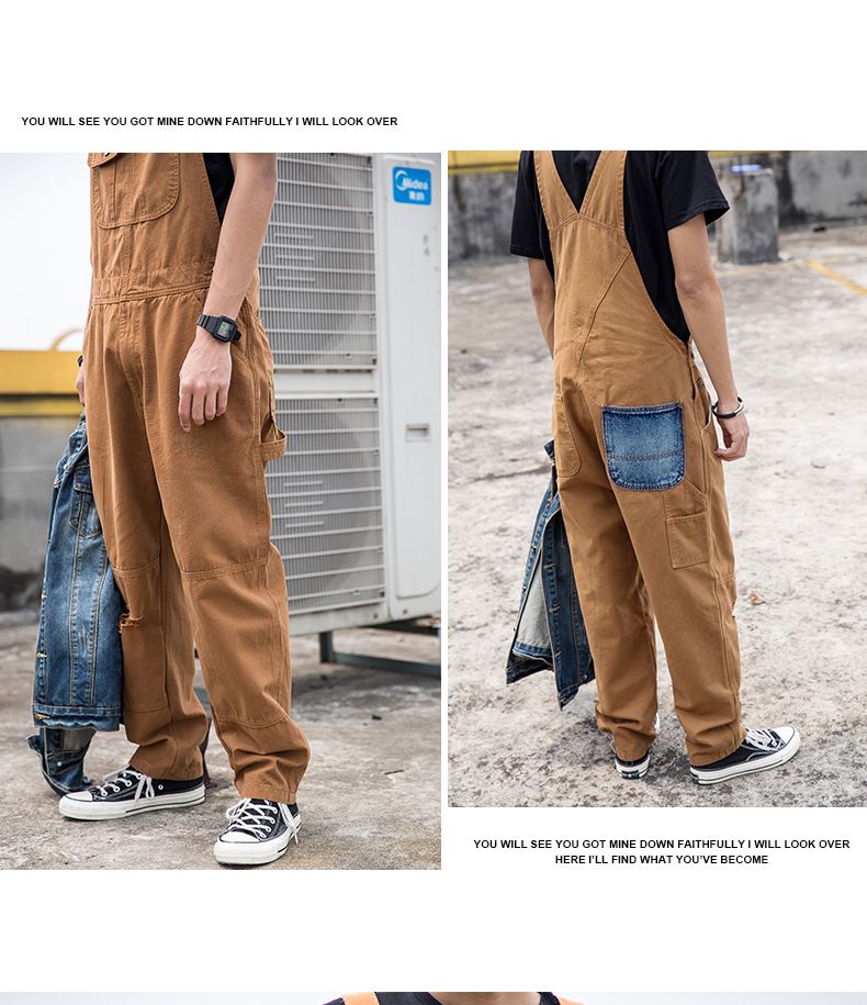 Man's clothing Men's denim overalls couple ripped loose straight jumpsuit wide leg overalls suspenders ins Daddy pants_voghion.com