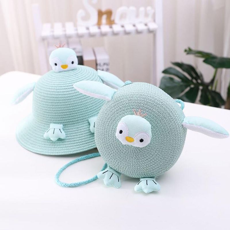 Borsa carina per bambini a forma di pinguino, turismo da spiaggia in paglia intrecciata, shopping, cappello parasole, cappello da vasca con cartoni animati_voghion.com