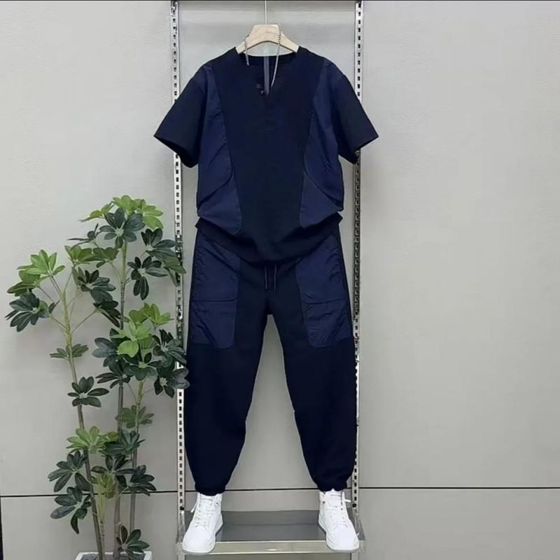 Lässiges zweiteiliges Set für Herrenbekleidung mit kurzärmligem Oberteil und Arbeitshose, passendes Unisex-Outfit für den täglichen Gebrauch im Freien (erhältlich in Braun und Schwarz)_voghion.com