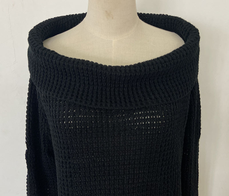Women's one-line collar off-shoulder lapel sweater loose large version solid color sexy sweater_voghion.com