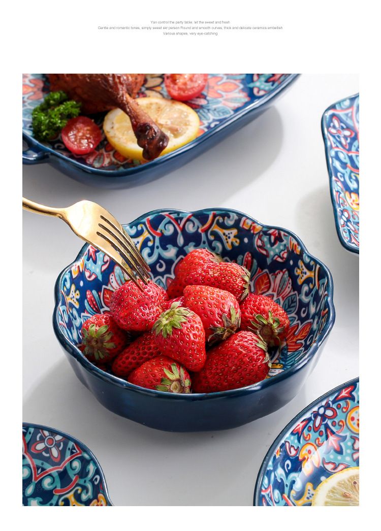 Baroque Style Ceramic Dinnerware Set - 16-Piece Handled Bowls & Plates For Rice & Soup_voghion.com