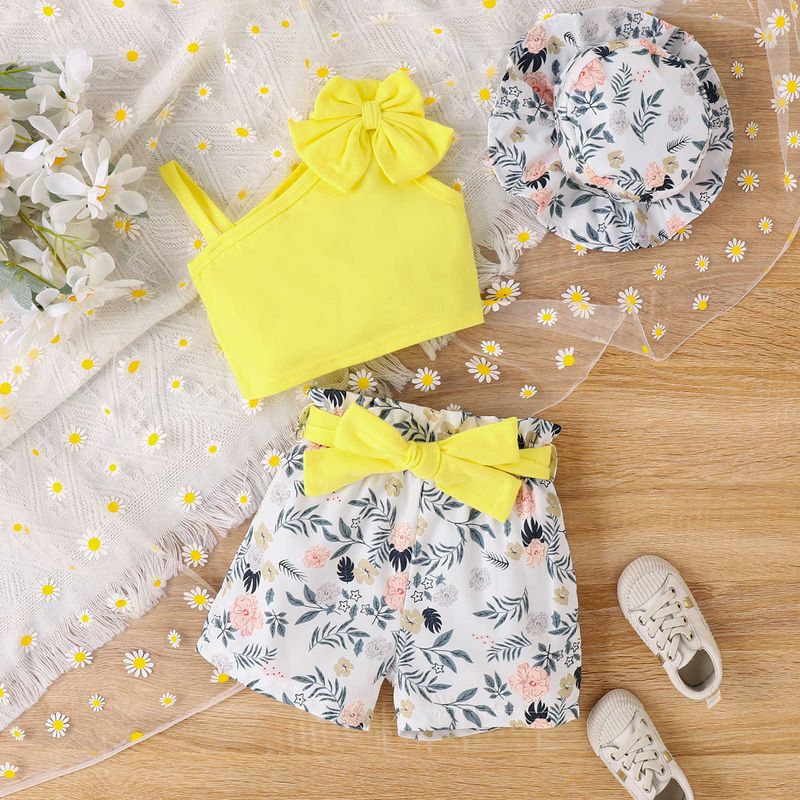 Summer small and medium-sized children's with diagonal shoulder suspender bow top, printed shorts, hat, girl's three_voghion.com