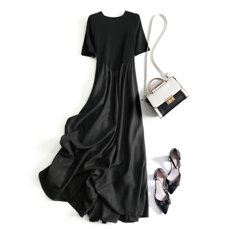 Abito nero Hepburn a maniche corte da donna, estivo, 2025, nuovo, elegante, stile francese, snellente, di media lunghezza_voghion.com