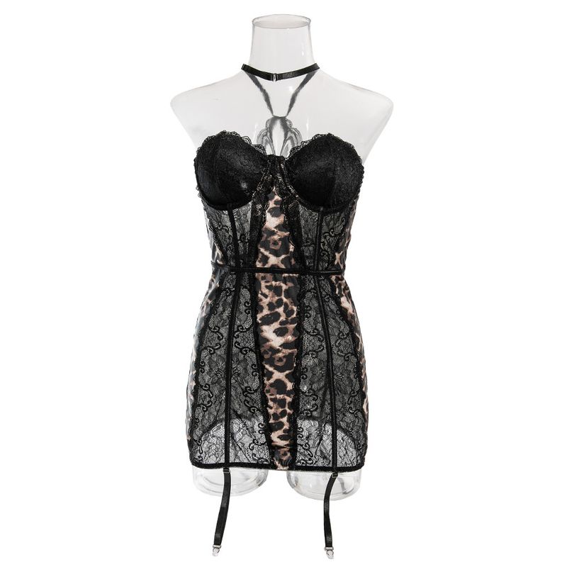 European and American cross border new large size women's lace splicing leopard print milk silk breathable hollow steel ring gathered dress_voghion.com