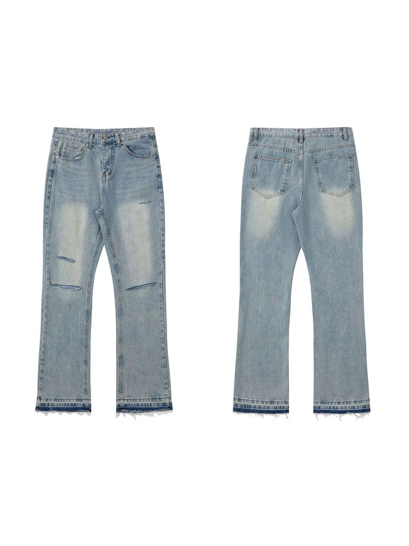 Smoke Gray Tassel Version Retro Vintage Jeans Distressed Gray Fringe Hem, Relaxed Straight Fit AestheticComfort Stretch Denim Jeans_voghion.com