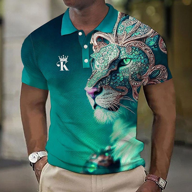 Men's Polo shirt with button up lapel, golf shirt, animal lion pattern, rolled edge, street short sleeved printed_voghion.com