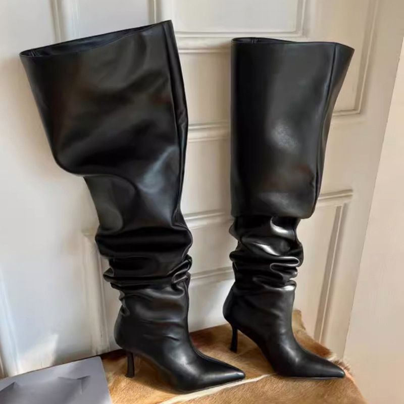 High Heel lange Stiefel 2023 Herbst neue europäische und amerikanische Mode spitze Stilettos über dem Knie breite Stiefel Großhandel Lieferung_voghion.com