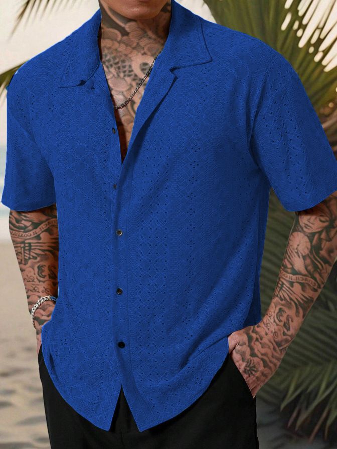 Spring And Summer Men's Short Sleeved Versatile Hollow Jacquard Casual Shirt_voghion.com
