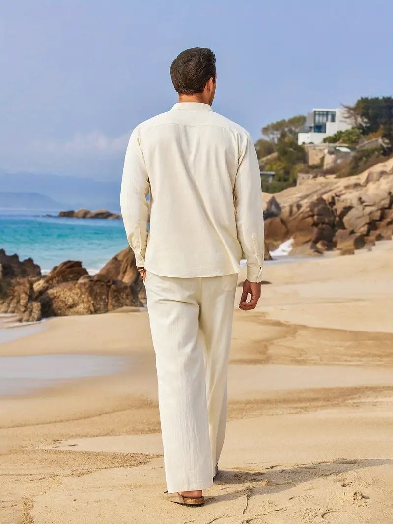 Îmbrăcăminte bărbătească de toamnă Produse noi Cămașă cu mânecă lungă din bumbac și in, culoare solidă, casual, costum de trend_voghion.com