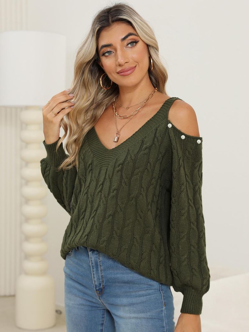 Maglione lavorato a maglia da donna, autunno inverno, con scollo a V profondo, sexy e largo, con spalle scoperte, 67201_voghion.com