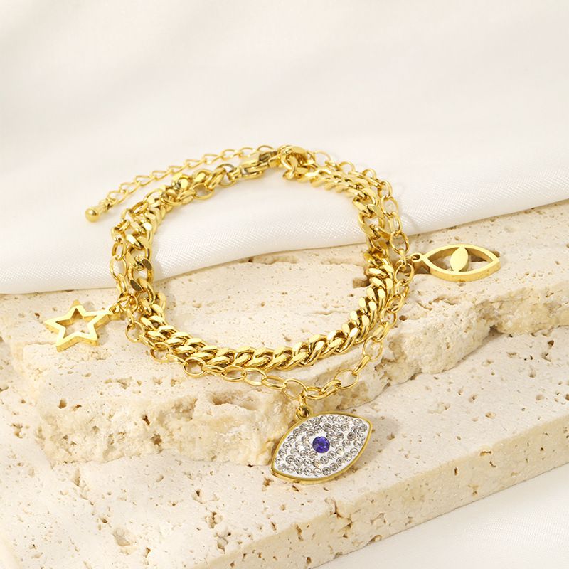Diamond-encrusted Zircon Devil's Eye Double-layer Necklace Female Personality Versatile Stainless Steel Gold-plated Bracelet_voghion.com