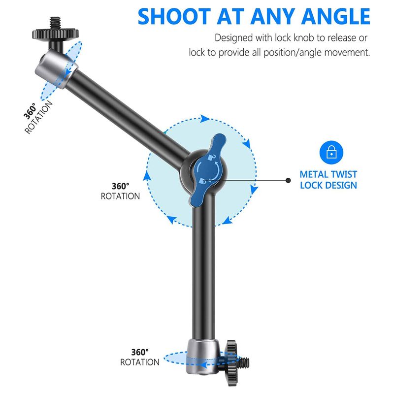Bras magique à friction de 5,9/9,8 pouces avec deux vis filetées de 1/4 pouce pour flash, lumière LED, microphone, moniteur, super pince_voghion.com
