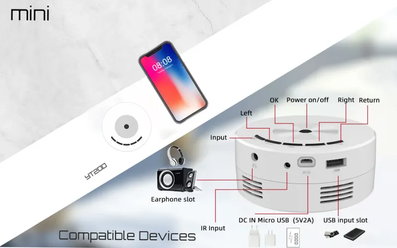 Mini projecteur LED YT200 pour home cinéma, vidéo mobile 1080p, synchronisation USB, écran pour smartphone_voghion.com