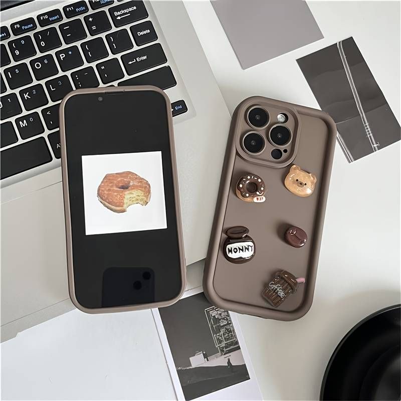 Süße 3D Bär Kaffee Donut Handyhülle für iPhone 11 12 13 14 15 Pro Max XR XS X 7 8 Plus SE Stoßfestes Silikon Weich_voghion.com
