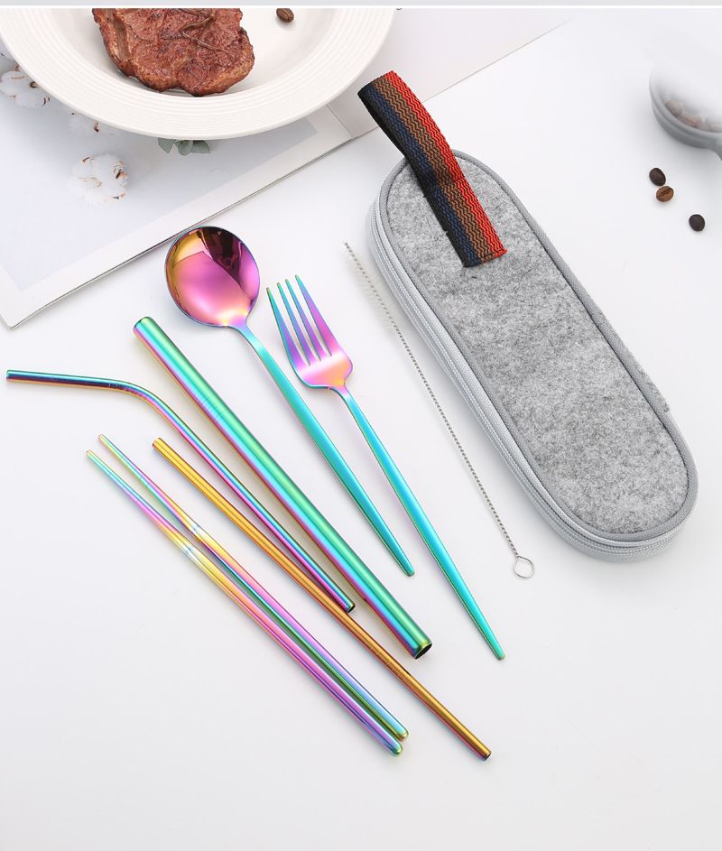 7-teiliges Reisebesteckset aus Edelstahl mit faltbarem Löffel, Gabel, Essstäbchen und Strohhalm – nordisch-minimalistisches Design für Camping, Büro und Geschenke_voghion.com