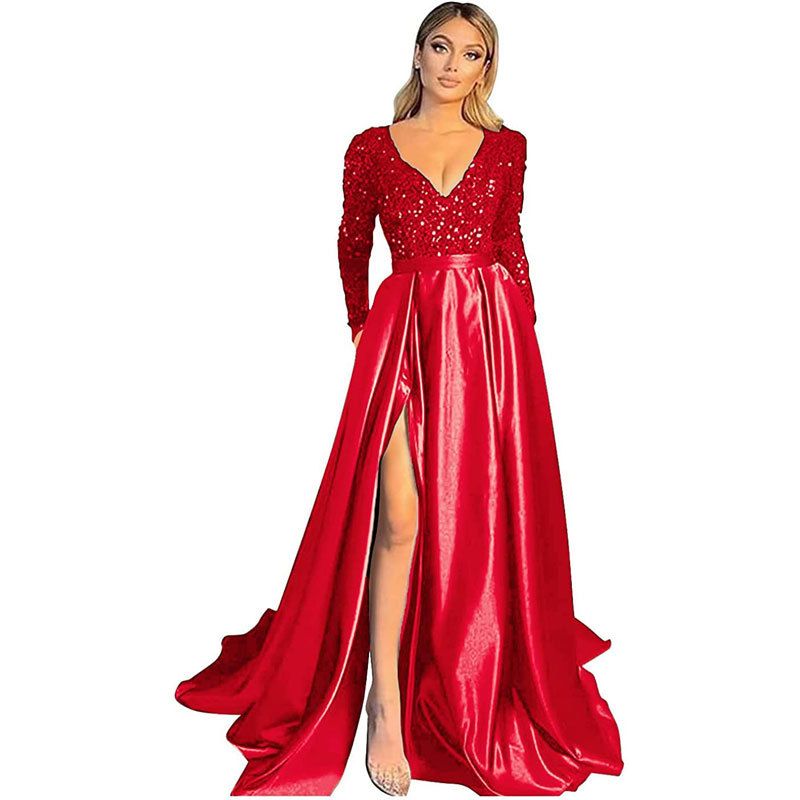 Rochie de seară lungă, sexy, cu decolteu în V și paiete, cu mâneci lungi, nouă_voghion.com