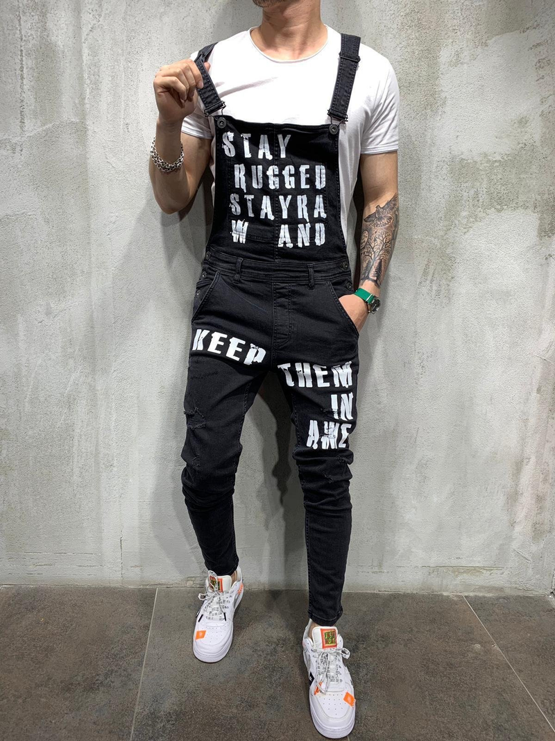 Men's Lace-Up Denim Jumpsuit Ripped Letter Denim Trousers_voghion.com