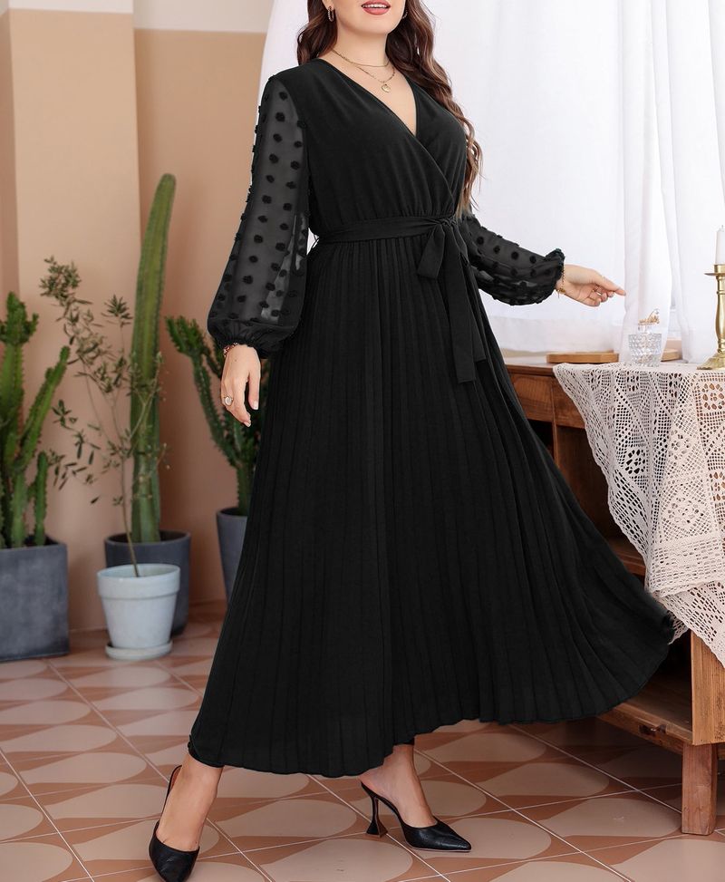 Elegant Mesh Panel Maxi Dress For Women V-Neck Long Sleeve Plus Size Dress (0XL-4XL) | Breathable Polyester A-Line Dress For Work & Evening_voghion.com