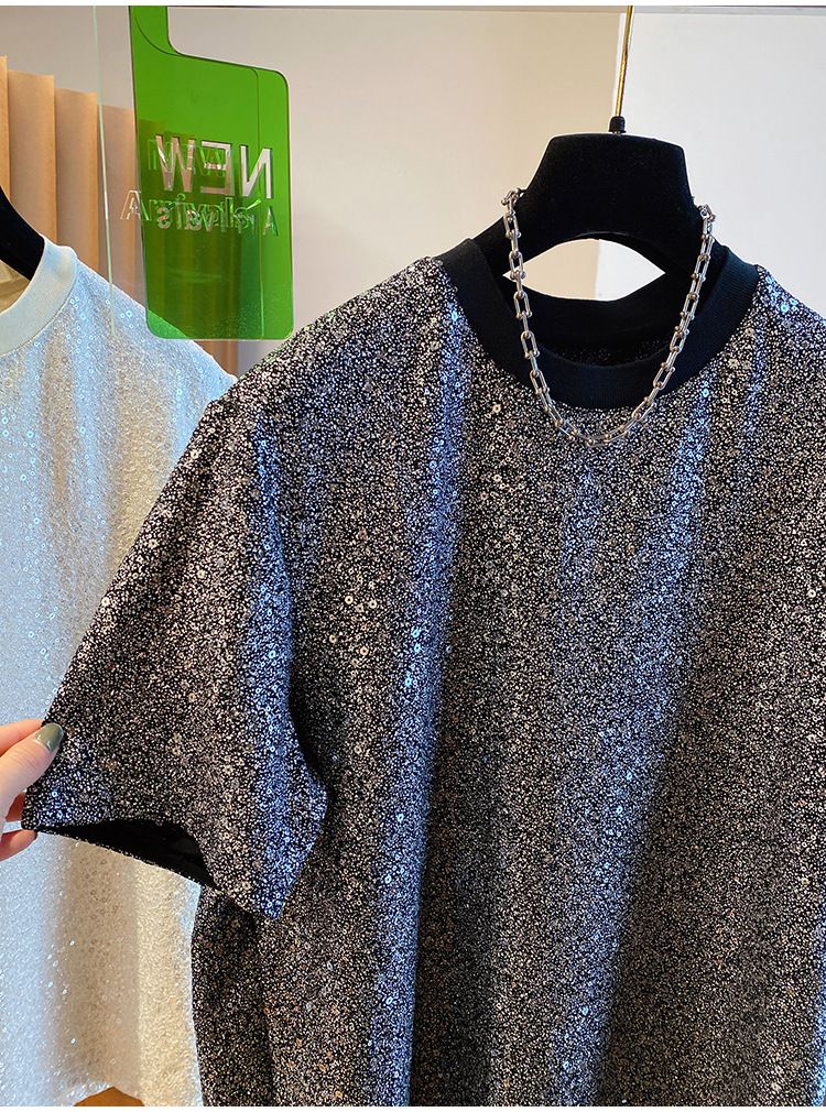 2024 New Loose European Style Sequin Shiny Silk T-Shirt Men's Short Sleeve Unique Chic Design Handsome Top_voghion.com