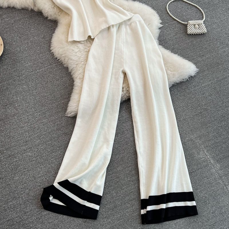 Women's Clothing sleeveless slim fit knitted top two piece suit casual high waist slim straight wide leg pants_voghion.com